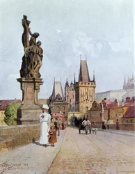Statue of St. Lutgardis on the Charles Bridge, Prague, illustration from "Stará Praha (Old Prague)", c.1900